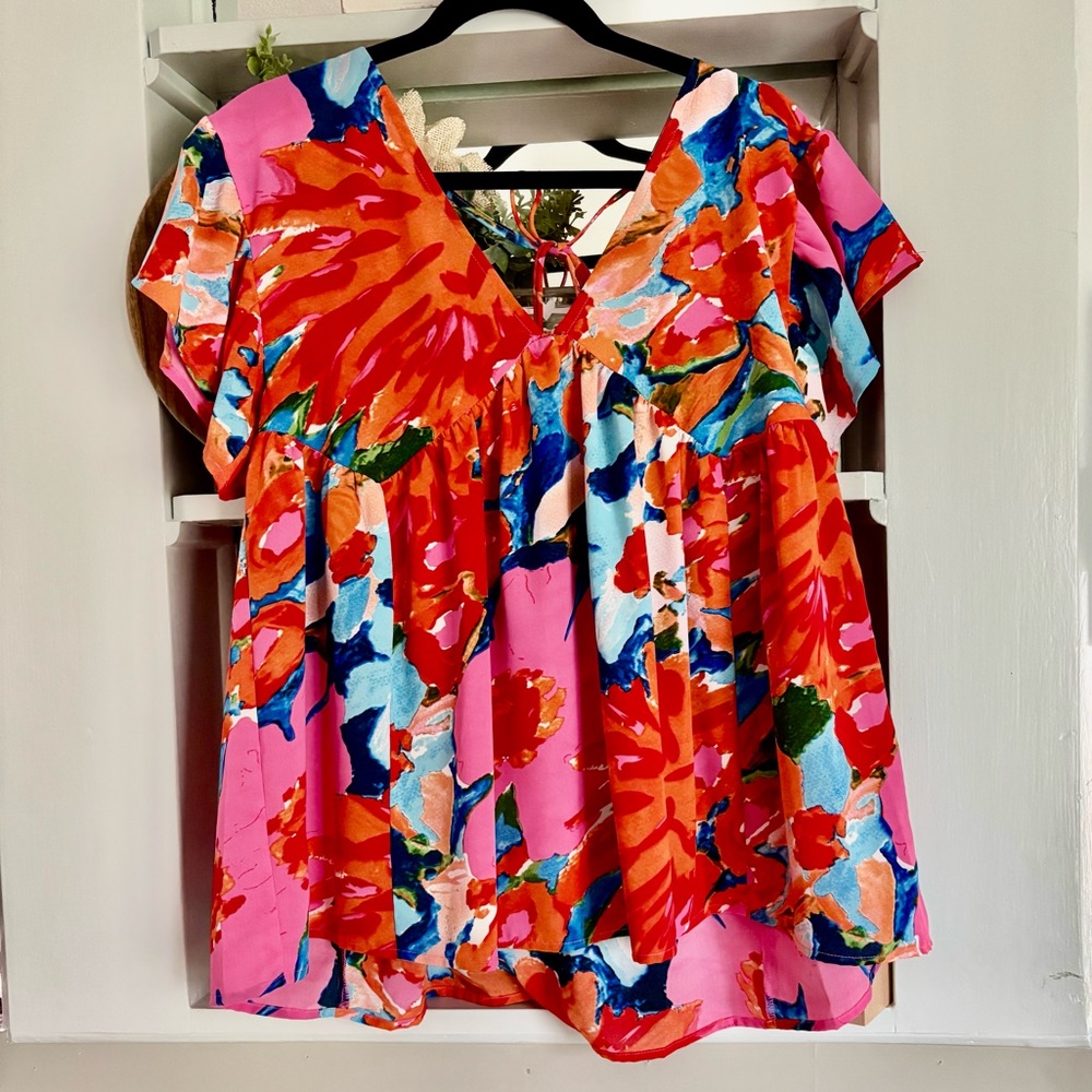 NWOT - Vibrant Orange and Pink Ruffled Blouse